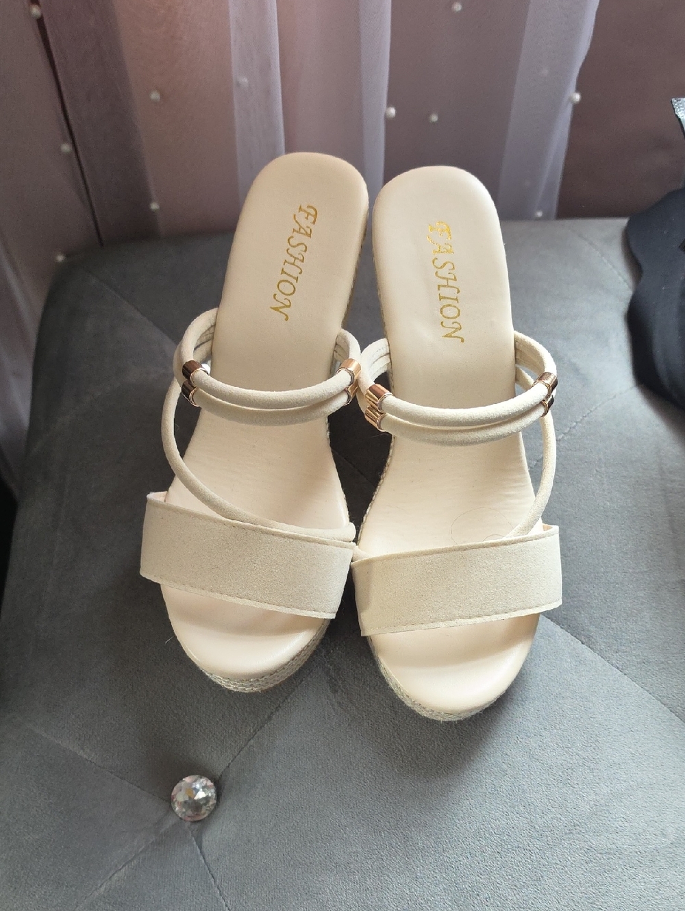 Women's Cream Slide Sandals with Gold Accent